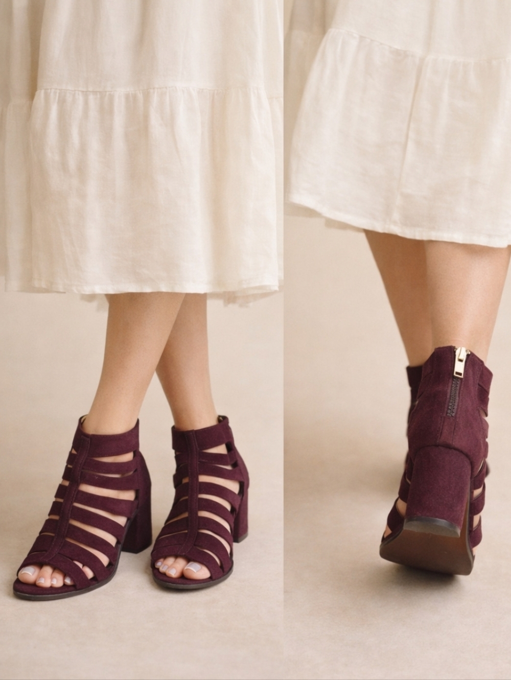 Brash Plum Suede Strappy Block Heel Sandals Boho Cutout Zip Back Size 8 - Picture 1 of 7